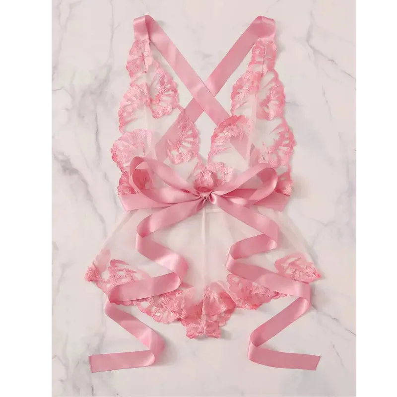 Эротические сексуальные костюмы Тедди Розовое женское кружевное Сексуальное