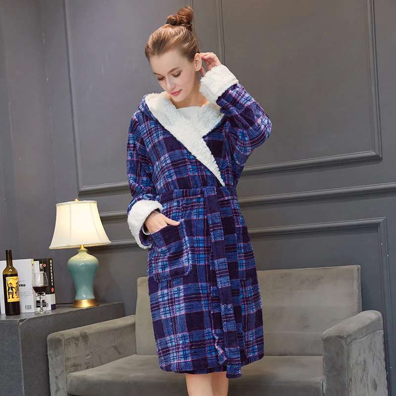 Зимний теплый фланелевый Халат-кимоно Женская Хлопковая пижама в клетку с