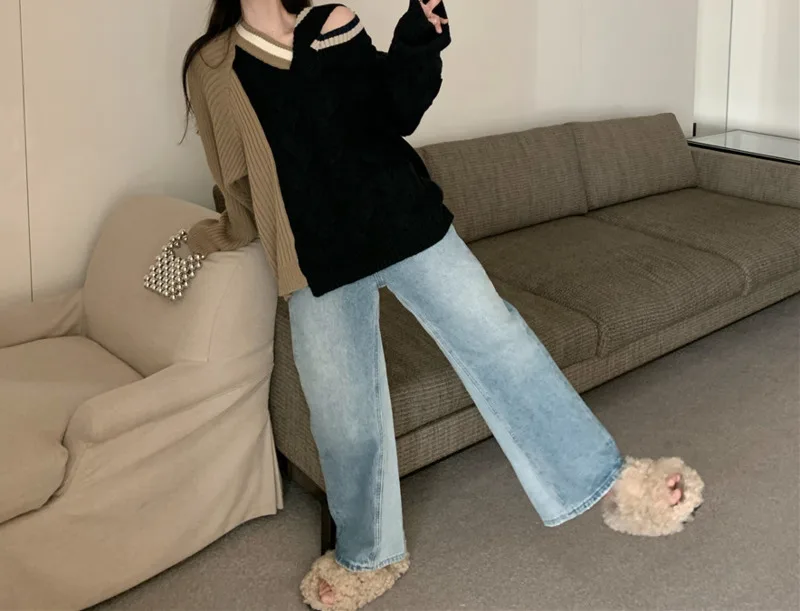 Женский свободный свитер шикарный пуловер с лямками на плечах Осень-зима 2021 |