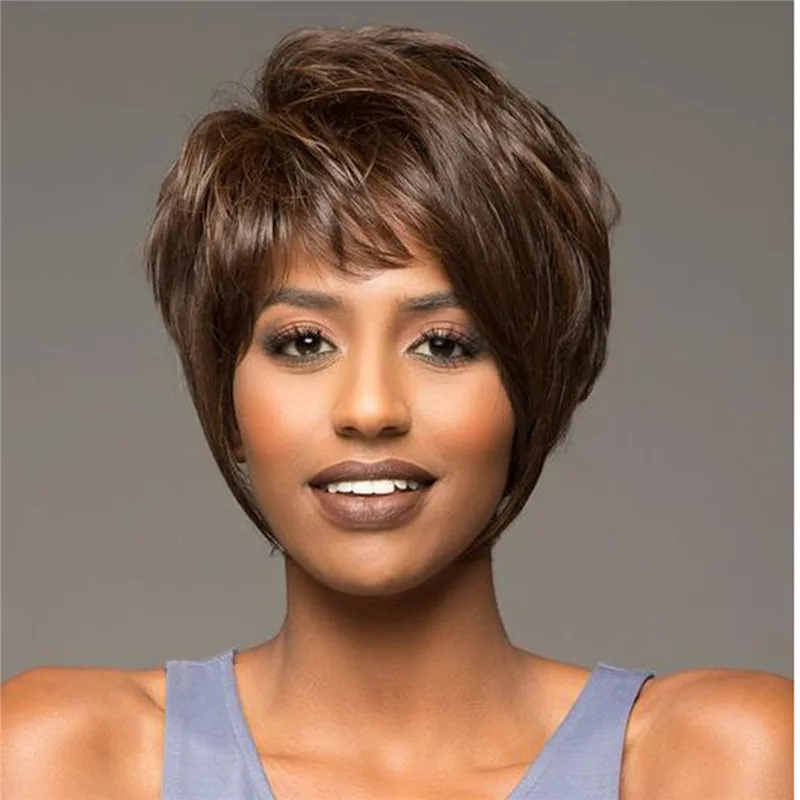 

Ladies Short Brown Straight Wig Synthetic Wig With Bangs For Women Daily Party Use Heat Resistant Fiber Wig Nature Looking Wig