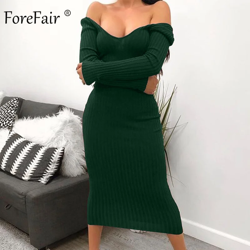 Green Dress Forefair, трикотажное платье миди, для женщин, осень, v-образный вырез, базовый, тонкий, в рубчик, с длинным рукавом, облегающее, одноцветное, черное, белое, сексуальное, зимнее платье - Цвет: Green Dress