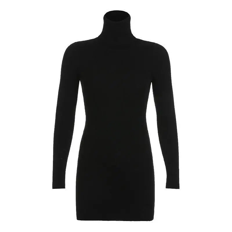 

Mandylandy Solid Color Dress Women's Casual Slim High Waist Dress Spring and Autumn Fashion Long Sleeve Turtleneck Mini Dress