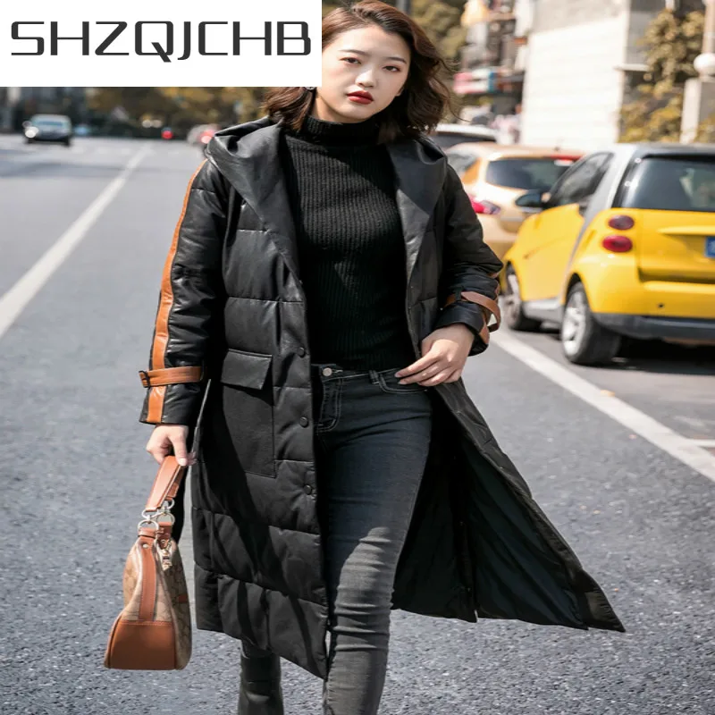 

SHZQ 2021 брендовая зимняя женская куртка из натуральной кожи Толстая теплая куртка на утином пуху с капюшоном женская уличная одежда дубленка ...