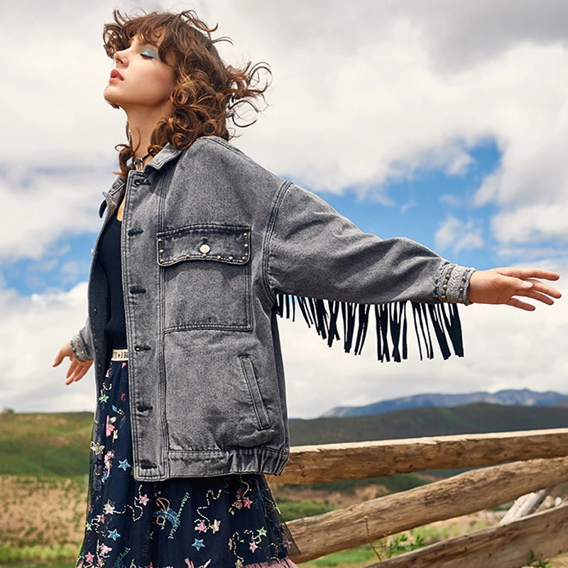 Женская джинсовая куртка с длинным рукавом цветочной вышивкой | одежда