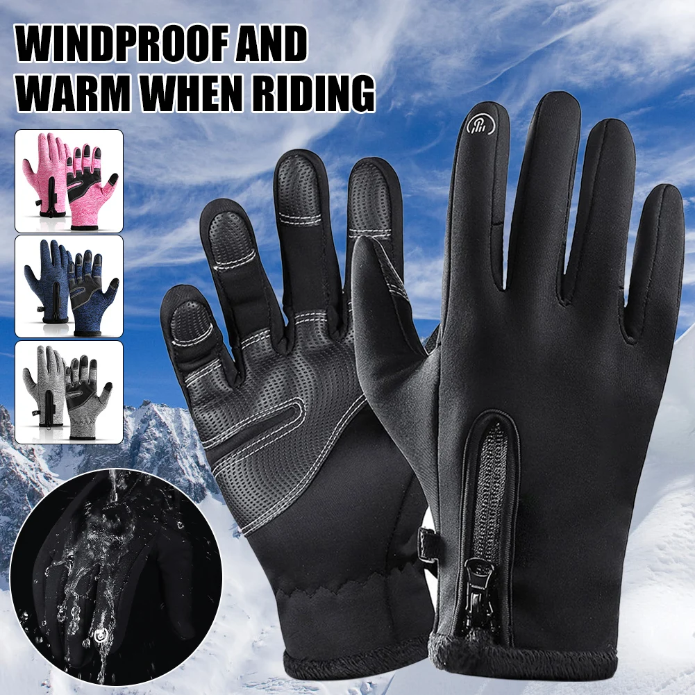 

Autumn Winter Cycling Gloves Windproof Warm Fleece Lining Waterproof Zipper Touch Screen Gloves Anti-Slip Outdoor Sports Fishing