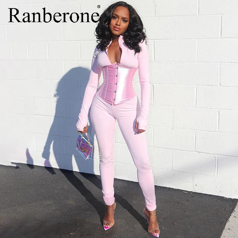 Suit Women Sport 2020 Long Sleeve Jumpsuit Bandage Corset 2 Pieces Set Autumn Winter Women Sexy Zipper Workout Clothes Romper