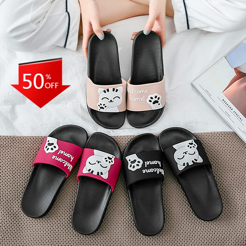 

Women Summer Slippers Slide Sandals Beach Cartoon Cat Flip Flops Thick Soled Men Couple Bathe Shoes Zapatillas Mujer
