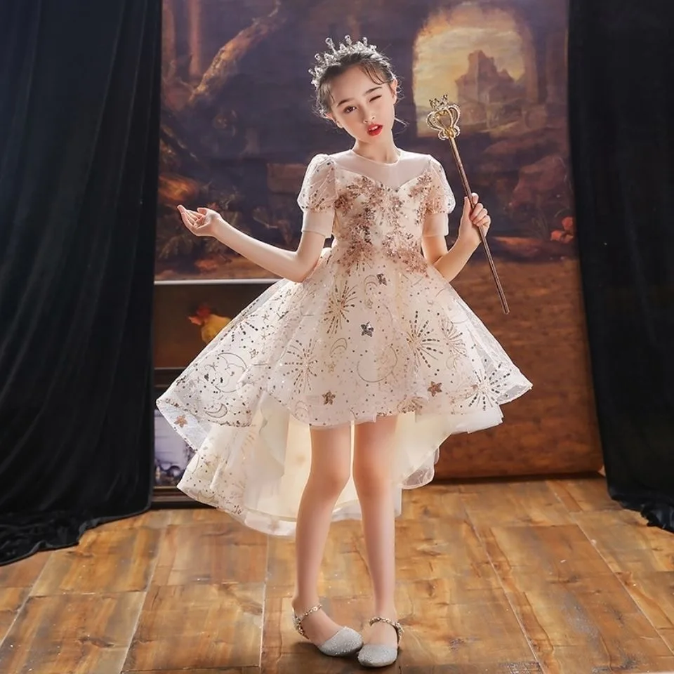 

Champagne Christmas Princess Girls Flower Embroidered Dress Elegant Kids Girl Wedding Party Dress Girls Halloween Formal Clothes