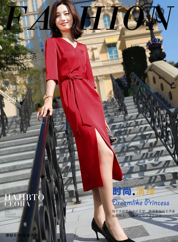 

2021 New Arrival Elegant V Neck Three Quarter Sleeve Straight Dress Women High Split Office Dress Sashes Work OL Style Plus Size