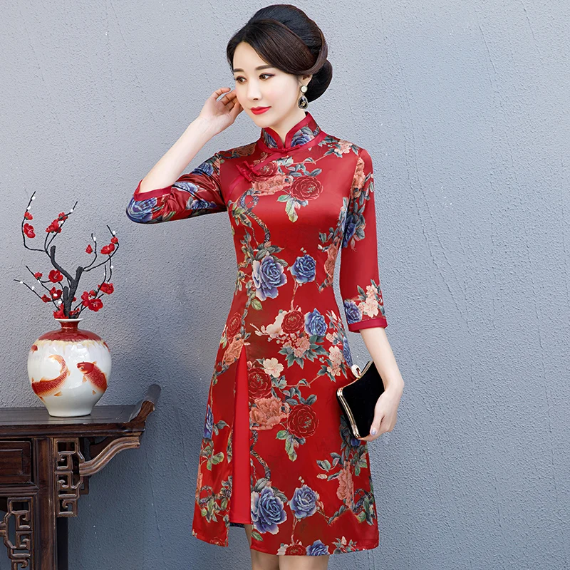 Модное китайское Стильное Платье До Колена Cheongsam, Новое поступление, женское шифоновое платье, элегантное платье Qipao Vestido, Размеры S M L XL XXL XXXL 189685
