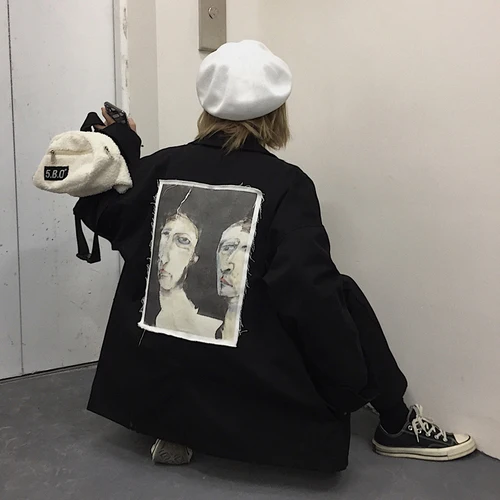 Black Jacket Harajuku Женская куртка уличная Ретро абстрактный принт длинный рукав Свободные пиджаки Харадзюку готический панк Мода черная верхняя одежда унисекс - Цвет: Black Jacket