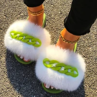 slides women designer sandals faux fluffy flip flops candy color chain fur slippers summer casual shoes plush indoor slippers