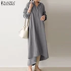 Элегантное однотонное платье-рубашка, Женский Осенний сарафан ZANZEA 2021, Повседневное платье миди с пышными рукавами, женское платье на пуговицах