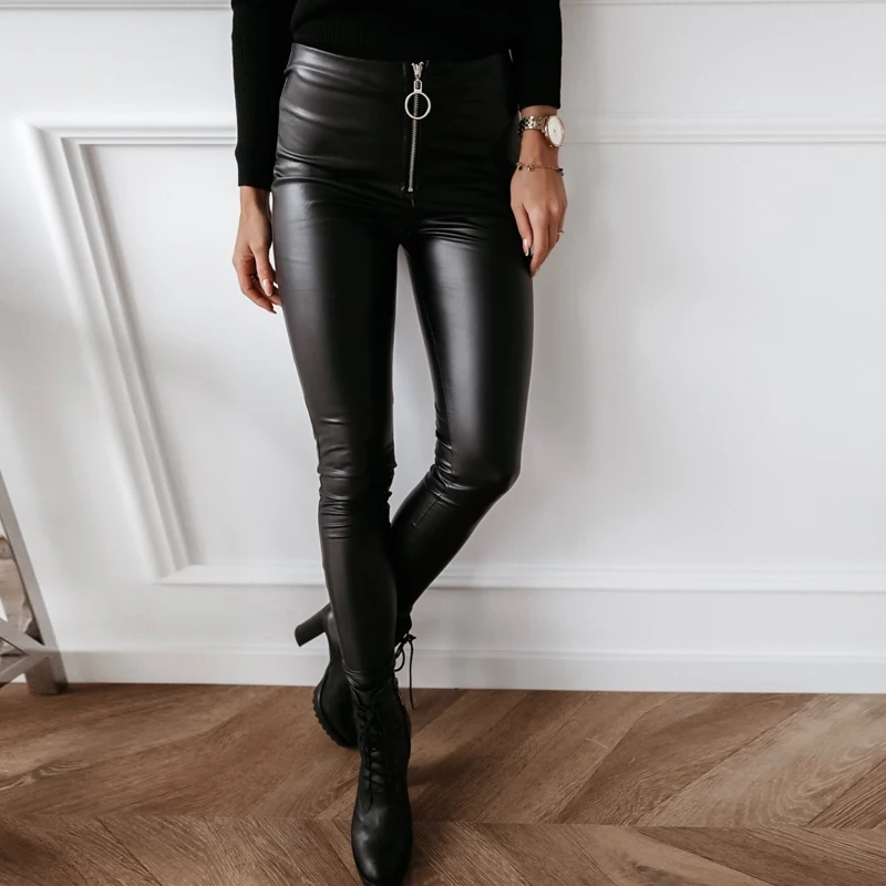 

New Fashion Autumn Winter Women High Wasited Faux Leather Trousers Ladies Slim Pu Skinny Pencil Pants European Style Zipper Pant