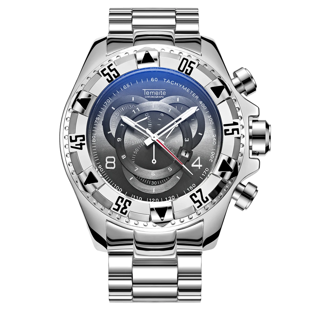 SILVER BLACK TEMEITE модные негабаритные кварцевые часы мужские военные мужские s часы лучший бренд класса люкс стальной ремешок дисплей с датой аналоговый синий наручные часы - Цвет: SILVER BLACK