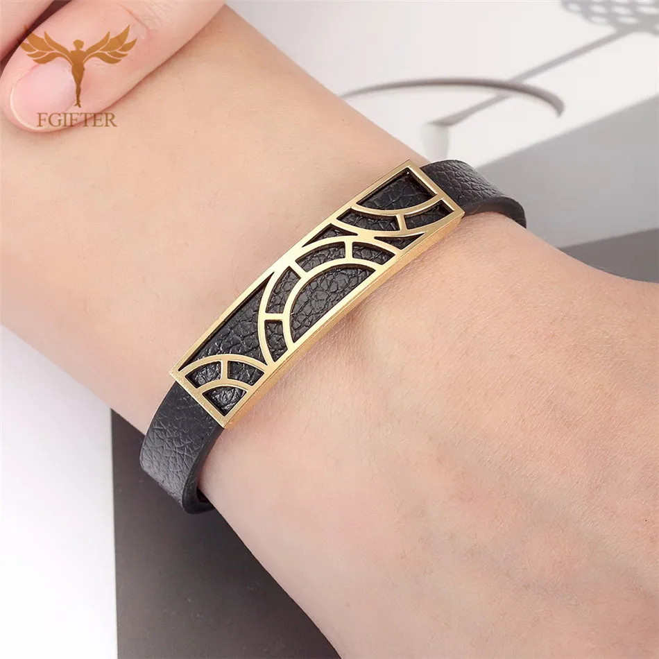 

2021Cool Men Bracelets Leather Geometric Stainless Steel Fitting Cuff Bracelets Male Custom Sizes Causal Man Jewelry
