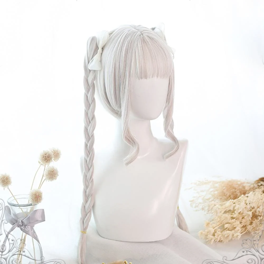 

Cosplaymix Women 40CM+55CM Lolita Ponytail Silver White Straight Bangs Long Synthetic Halloween Party Cosplay Wig+Cap