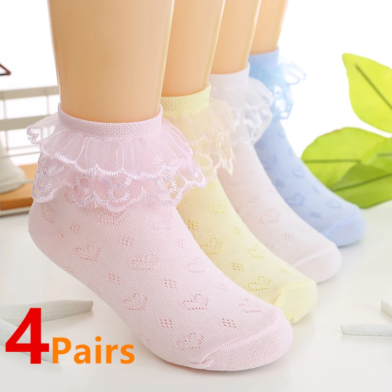 4 Pairs/Lot Girls Socks Summer Lace Ruffles Ankle Socks Cotton Baby Socks Trendy Elastic White Children Princess Socks