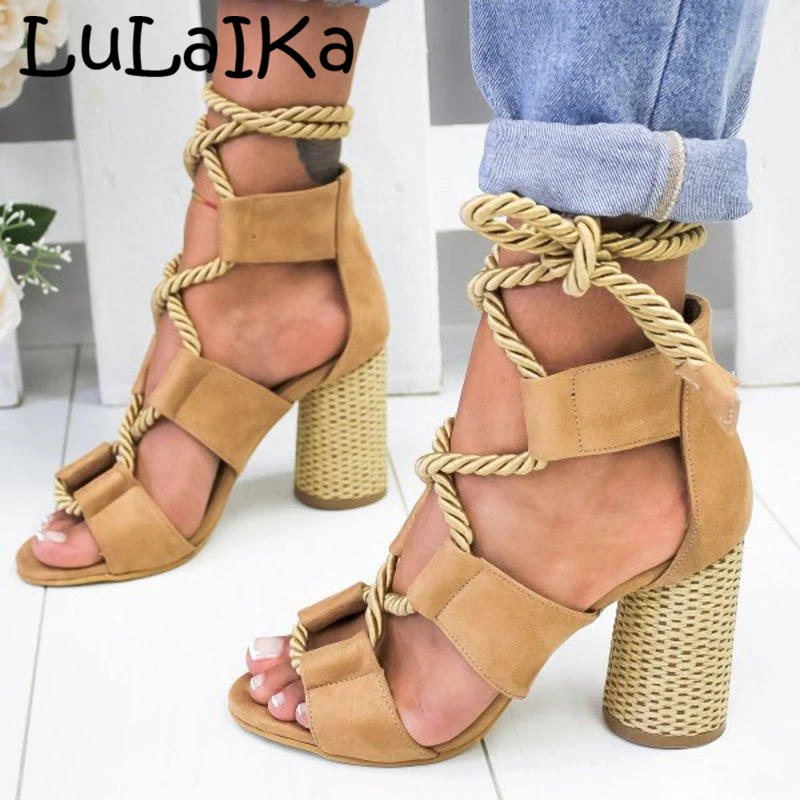 LuLaIKa 2020 Summer New Ladies Fashion Round Head Comfortable Breathable Open Toe Casual Wild Lacing High-heeled Sandals 5-8cm | Обувь