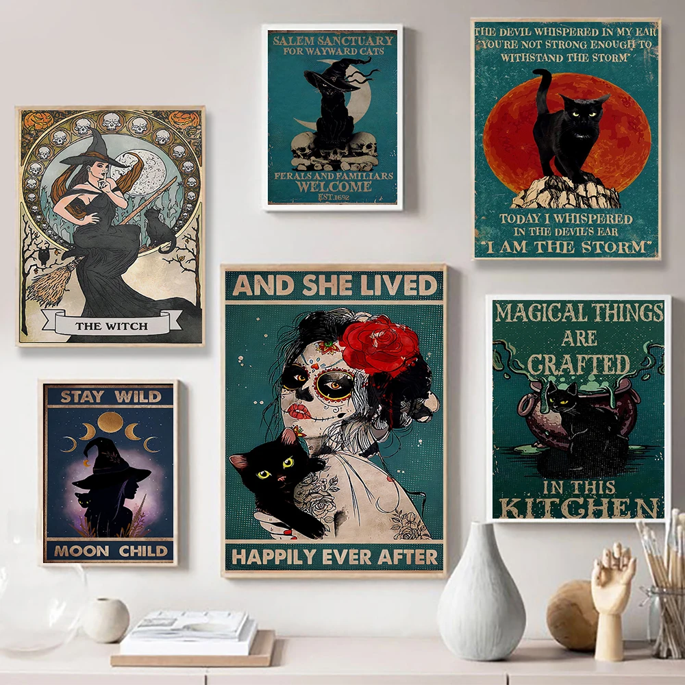 

Mental Black Cat Poster the Witches Moon Art Print Vintage Halloween Gifts Retro Funny Bathroom Sign Canvas Painting Home Decor