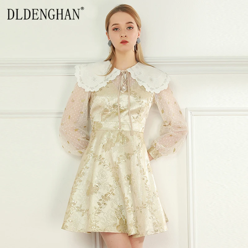 

DLDENGHAN Fashion Jacquard Summer Dress Women's Turn-Down Collar Mesh Long Sleeve Beading Vintage Mini Dresses Designer New