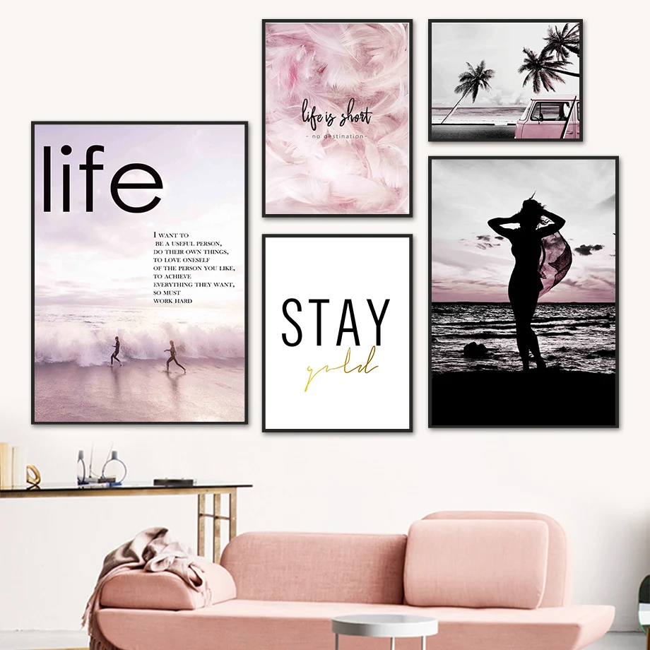 

Sea Sky Girl Palm Tree Feather Van Quote Wall Art Canvas Painting Nordic Posters And Prints Wall Pictures For Living Room Decor