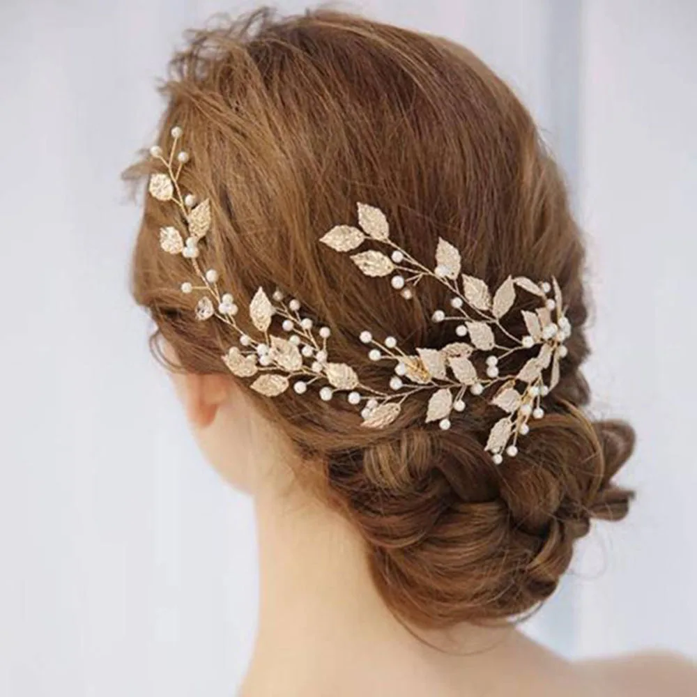 1PC Princess Bridal Wedding Hair Clip Gold Leaf Branch Pearl Hairpin Tiara Headpiece Jewelry Gifts Barrettes Hair Accessories