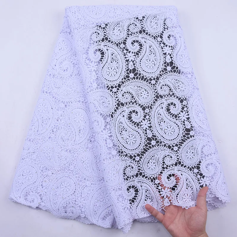 

Latest Pure White High Quality African Cord Lace Fabrics Nigerian French Milk Silk Water Soluble Mesh Lace With Stone For Dress