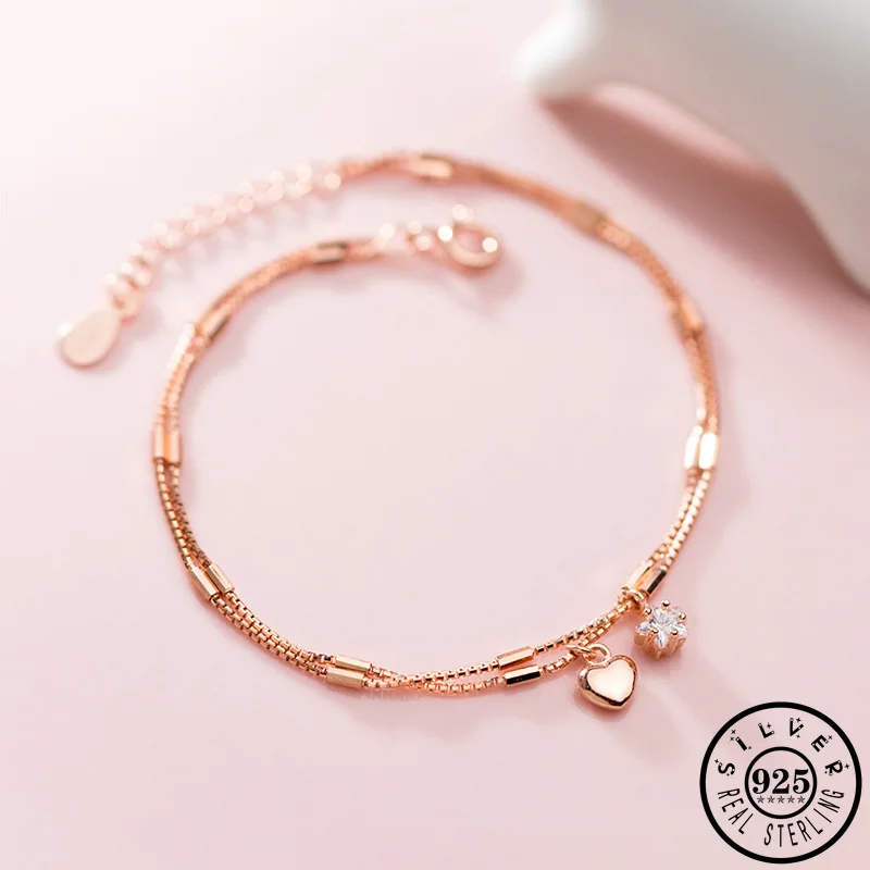 

925 Sterling Silver Cubic Zirconia Star Bead Rose Gold Color Plated Double Layer Chain Charm Heart Bracelets Jewelry for Women