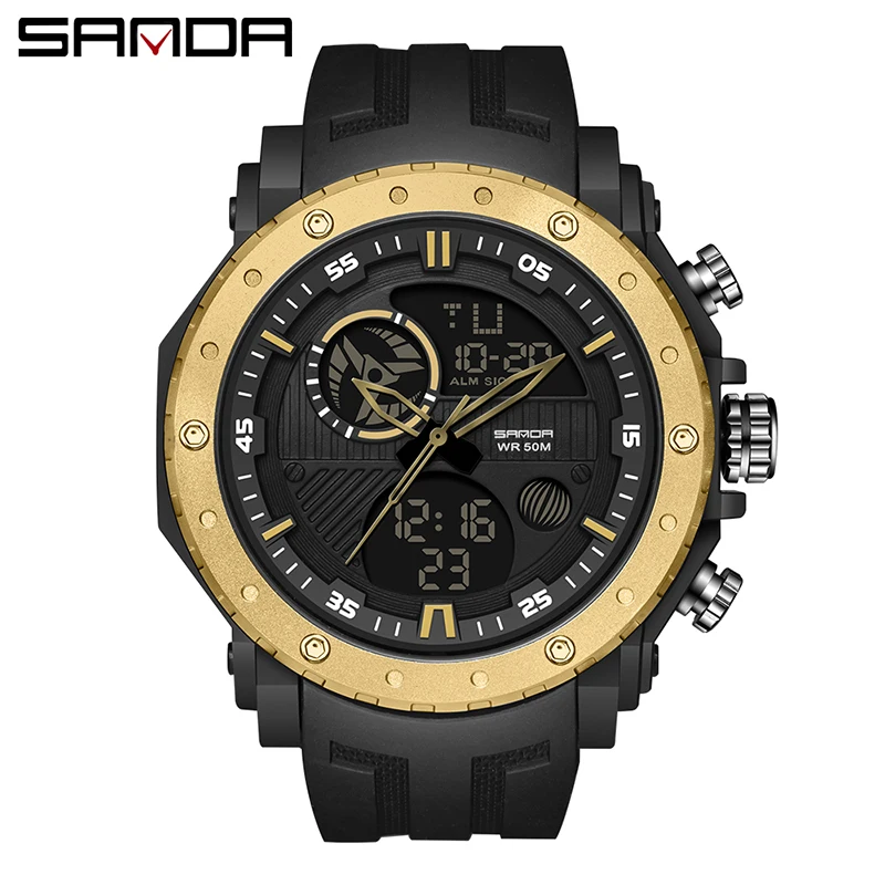 SANDA 6012 Brand Men Digital Quartz Watch Military Sports Dual Display Date Week Clock Waterproof Electronic Wristwatch Relogio 