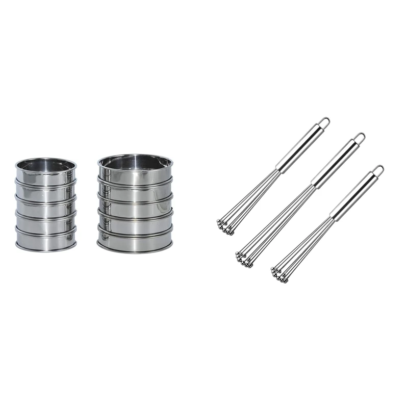

10 Pcs Stainless Steel Round Cake Baking Ring Mold & 3X Ball Whisk Ball Whisk Wire Egg Whisk