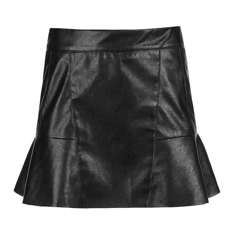 

Sexy Lu Leather High Waist Woman Skirt Pleated Solid Black Ruffle Night Club Mini Skirts Spring Summer Streetwear Skirts Fashion