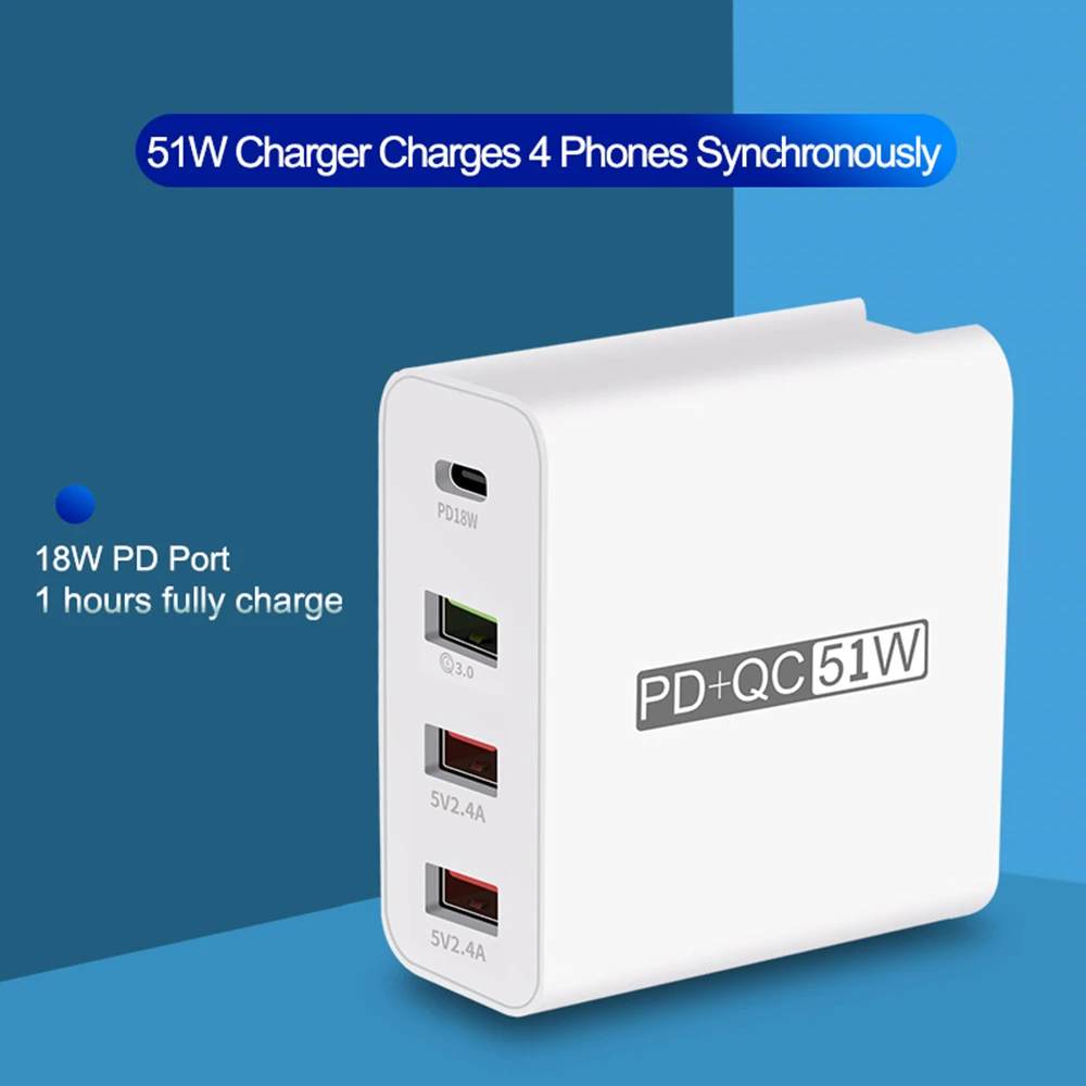 4 Ports USB PD Charger 51W Type C QC 3.0 4.0 Quick Charge Wall Charger For iPhone Huawei Xiaomi Fast Charging USB Power Adapter