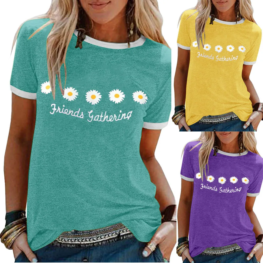 Женские Футболки в стиле Харадзюку с цветочным принтом летние круглым вырезом и