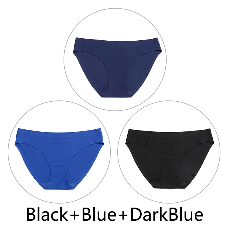 Black-Blue-DarkBlue 3 шт./партия, цельные бесшовные трусики, женское шелковое нижнее белье, сексуальные трусы с полной спинкой, нижнее белье с низкой посадкой, женское мягкое эластичное, американский размер - Цвет: Black-Blue-DarkBlue