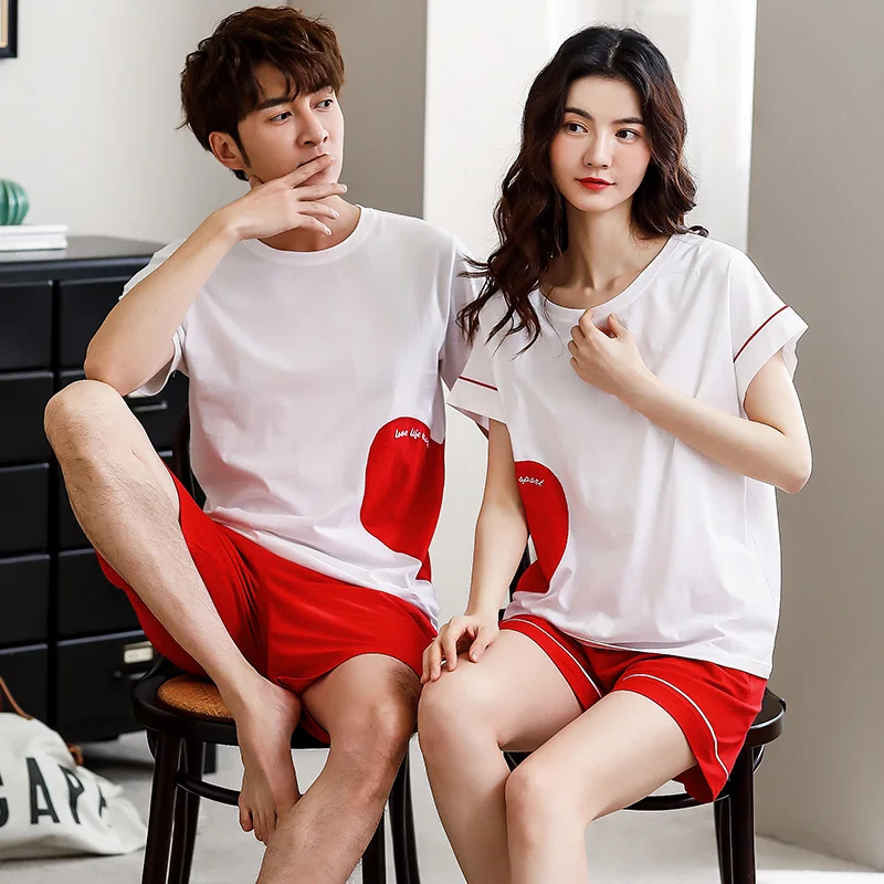 

Couple pajamas cotton men's short-sleeved summer pajamas women's thin section couple pajamas men's tops + shorts women's pajamas