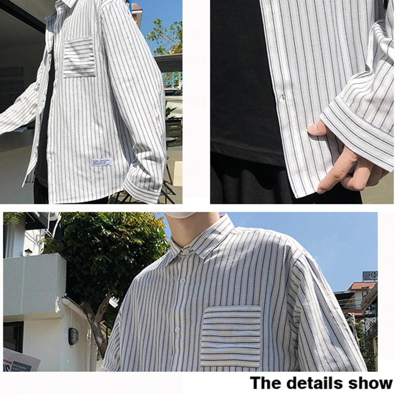 

Men Striped Shirts Long Sleeved Retro Harajuku Loose Plus Size S-3XL Cozy Single Breasted Tops Collage Student All-match Outwear