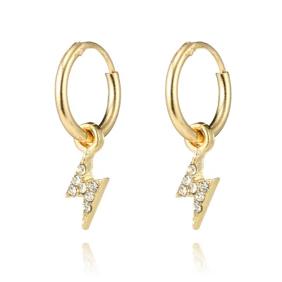 Gold YUKAM, минималистичные маленькие золотые круглые серьги с молниями, креольские серьги для женщин, стразы в стиле панк, металлическая петля, серьги, ювелирное изделие - Окраска металла: Gold