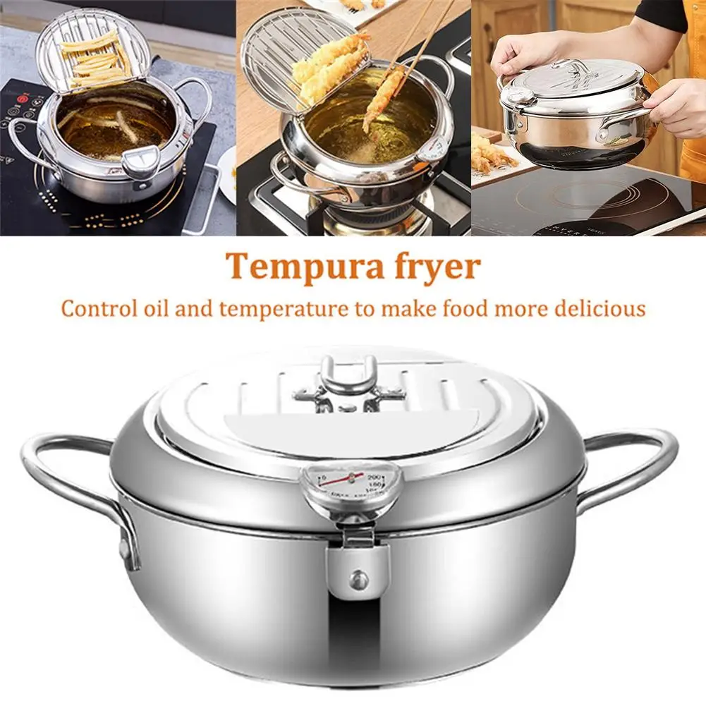 2 Sizes Japanese Deep Fryer Pot With Thermometer And Lid Household Stainless Steel Tempura Pan For Kitchen Cooking 20/24cm | Дом и сад