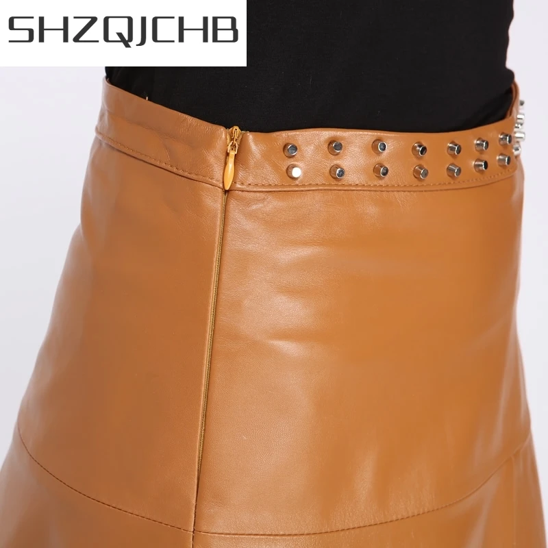 

JCHB 2021 Streetwear Sheepskin Real Leather Midi Skirts Women Office Lady Rivets High Waist Pleated Skirts Luxury Elegant A-Line