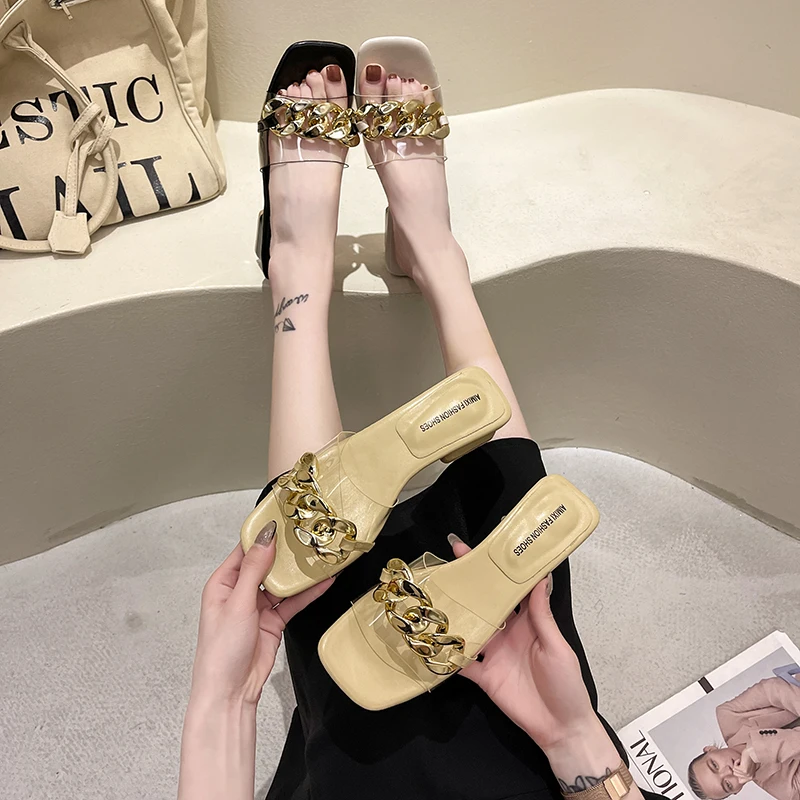 

Shoes Woman's Slippers Luxury Slides Transparent Heel Heeled Mules Square heel Rivet 2021 Summer Designer High Block PU Metal De