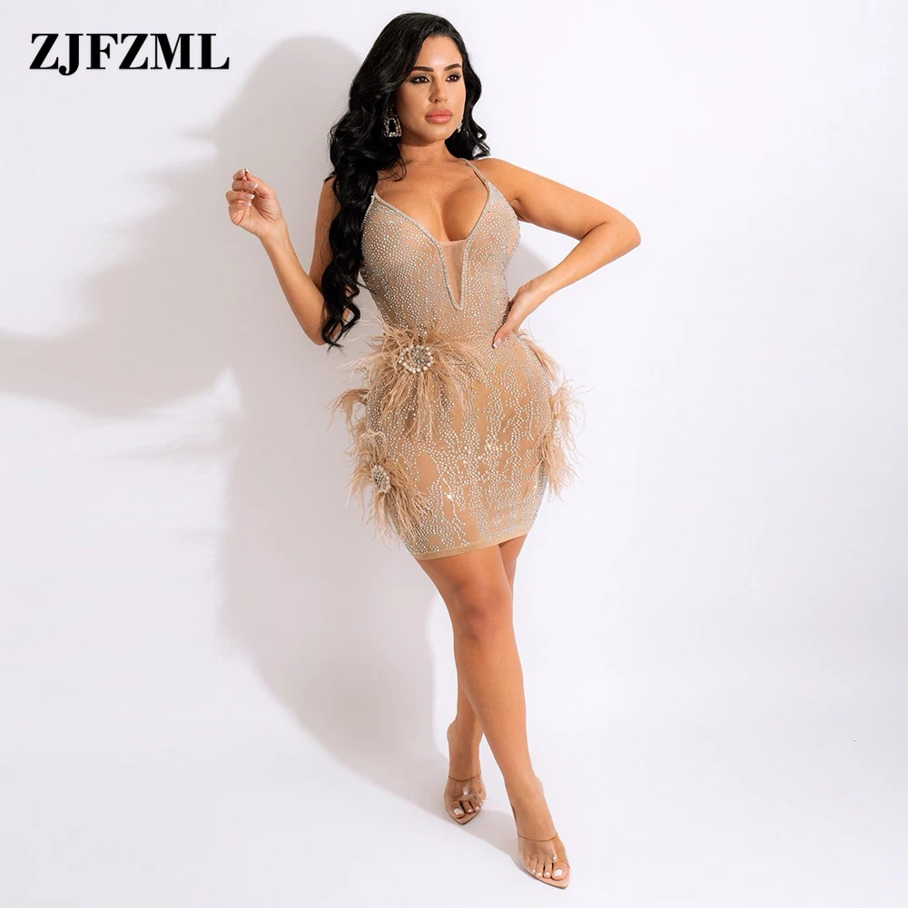 

Sheer Mesh Rhinestones Beading Feather Mini Dress Women Spaghetti Strap See Through Vestido Classy Backless Midnight Robe Femme