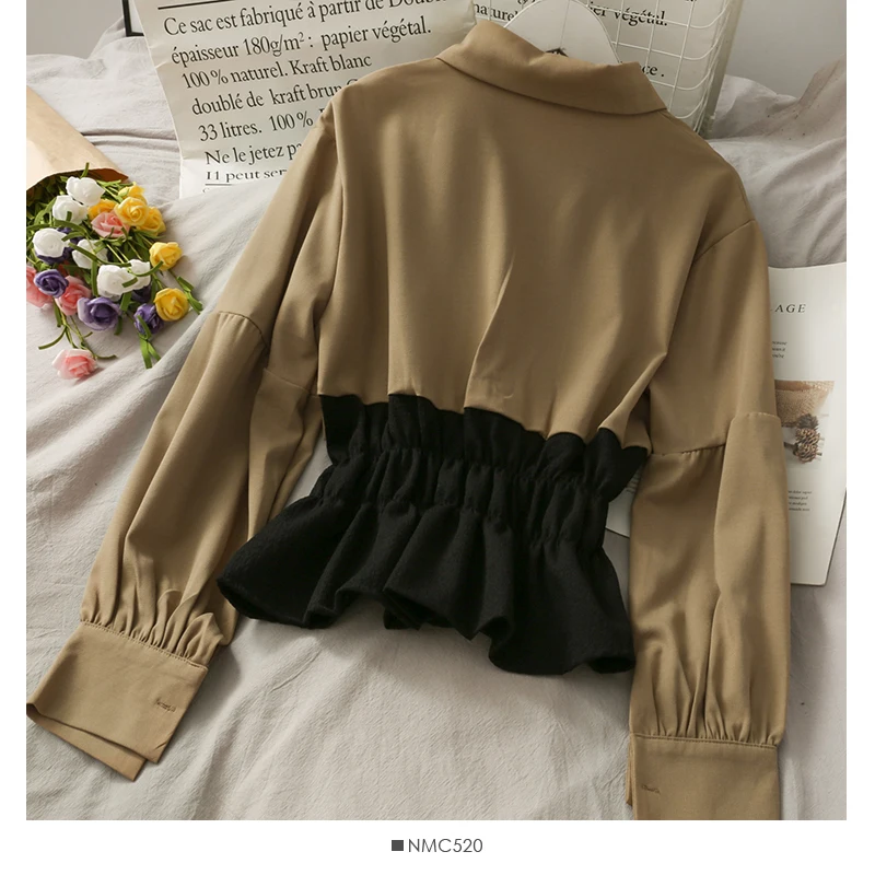 

Designer Tops Women's Blouses 2021 Spring Patchwork Ruffles Long Sleeve Shirts Slim Contrast Color Blusas Mujer For Women