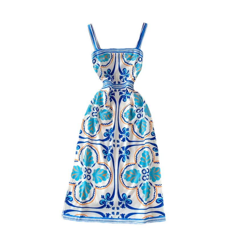 

2021 Summer New Blue White Porcelain Printing Dress Women Fashion Strap Beach Dress Girls Mini Short Slip Dresses