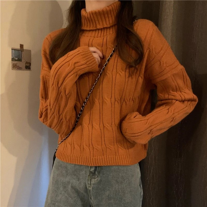 

2021 Autumn Winter Women Turtleneck Sweater Loose Elegant Warm Knitted Pullovers Fashion Solid Tops Knitwear Jumper Couples