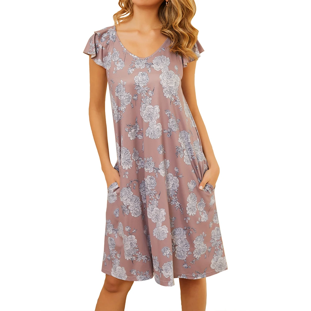 

Elegant Floral Sleep Dress Summer Pencil Retro Loose Flying Short Sleeve Holiday Dress Nightdress Sleep Dress with Pocket D30