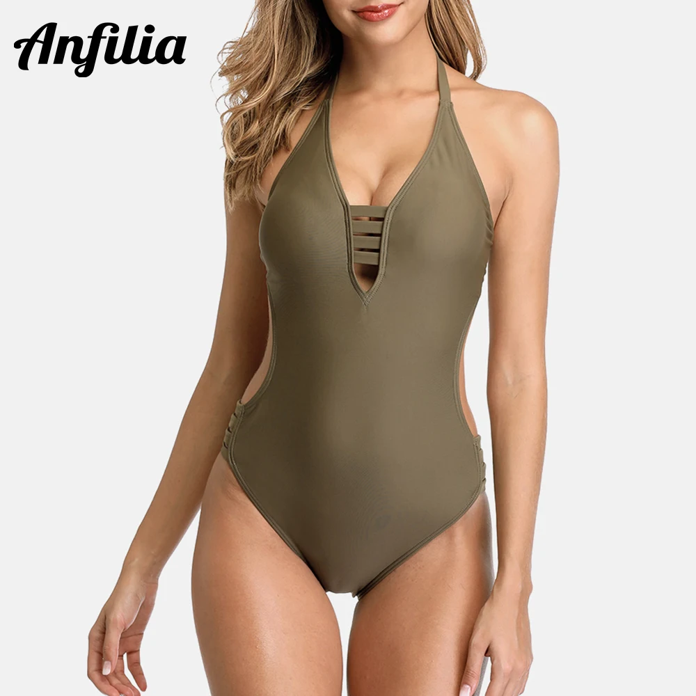 

Anfilia Women One-piece Swimsuit Deep V Sexy Bikini Strappy Backless Swimwear Bandaged Cutout Monokini Halter Neck Beachwear