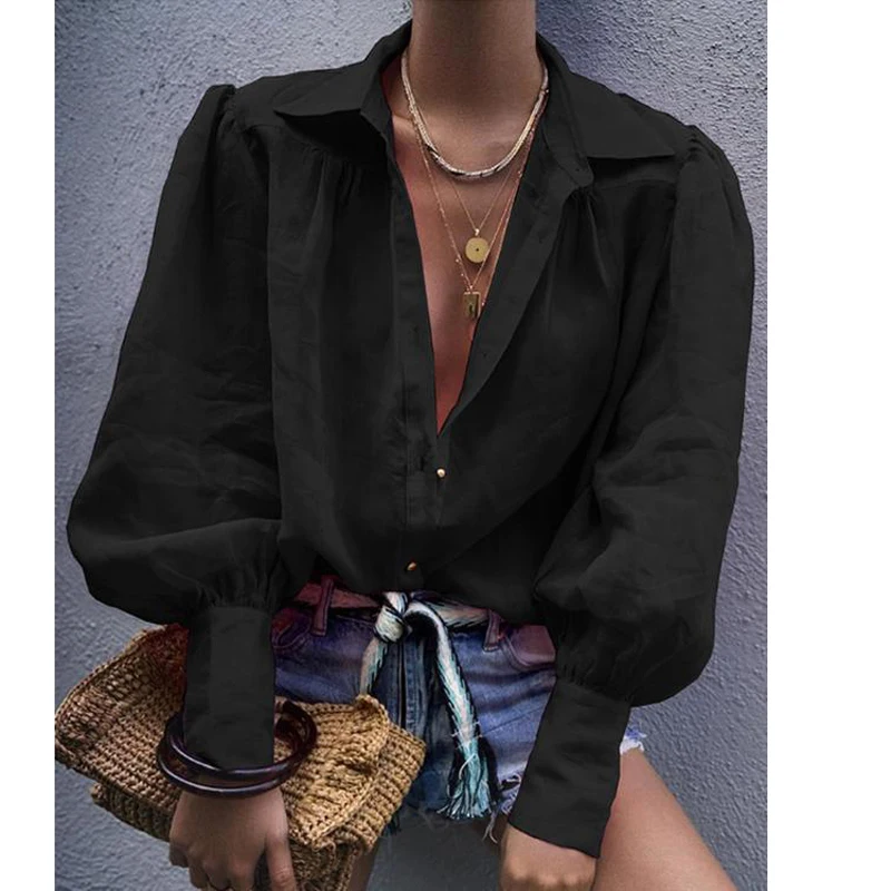 

Autumn Sexy Notched Collar OL Blouse Women Lantern Long Sleeve Button Blusa Loose Shirt Solid Color Femme Tops Blouses