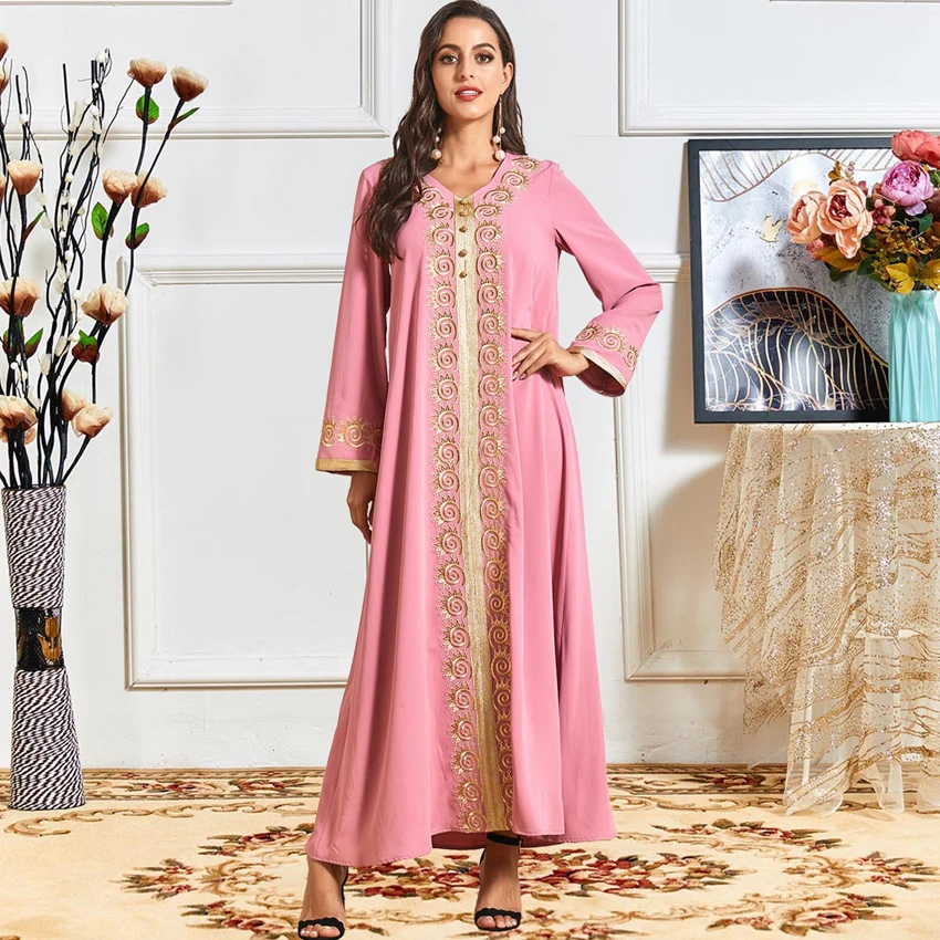 

Розовое модное мусульманское платье Abaya в Дубае, мусульманское платье макси, платья для женщин, кафтан американского размера плюс, одежда дл...