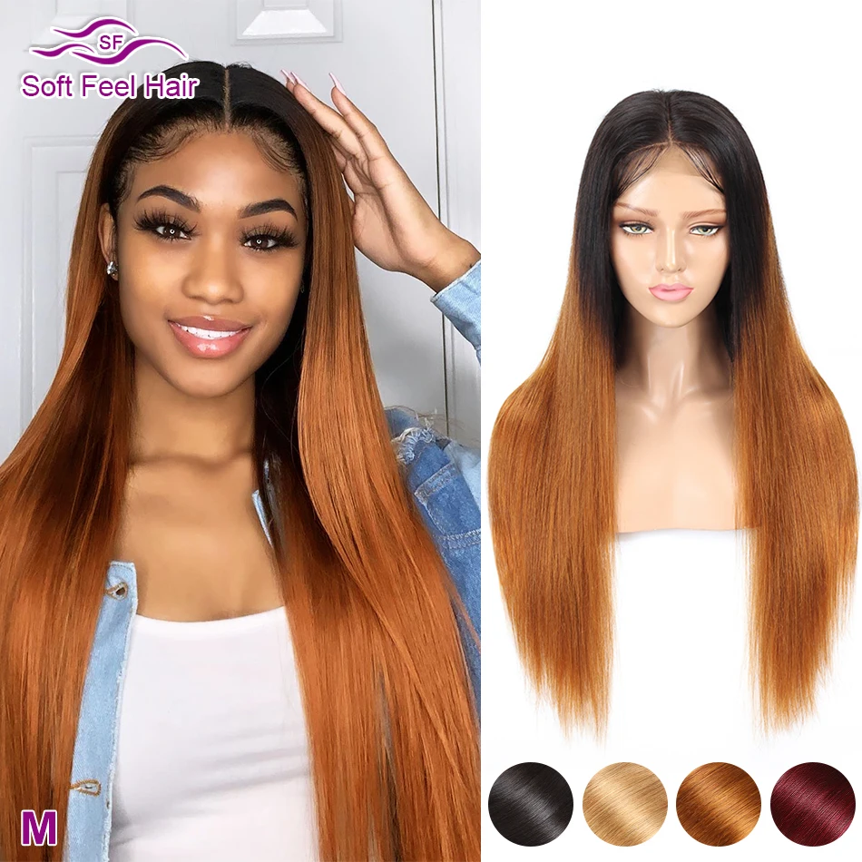Soft Feel Hair 4x4 Closure Wig Ombre Human Hair Wigs For Black Women Lace Closure Wig Remy Brazilian Straight Wig Middle Ratio